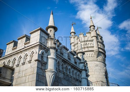 The decorative Neo-Gothic castle Swallow's Nest on the rock over the Black Sea. Gaspra. Crimea