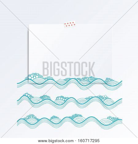 Paper blank folded in half. Mock up template isolated on white. Abstract surges with bubbles on white background.