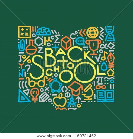 Modern hand drawn vector illustration with text: back to school and different education and science symbols include book globe flask brain. Education and school element for web poster banner.