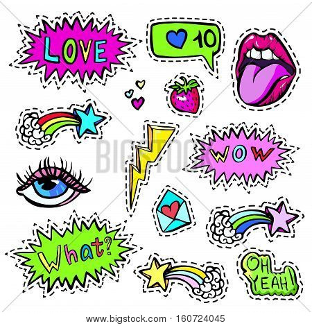 Decorative fashion patch badges set with colorful girls elements. Girl patches in comic cartoon 80-90 style. Vector illustration stock vector.