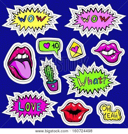 Decorative fashion patch badges set with colorful girls elements. Girl patches in comic cartoon 80-90 style. Vector illustration stock vector.