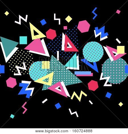 Memphis trendy seamless border with geometric shapes. Abstract 1980-90 styles or memphis style. Colorful geometric hipster poster background. Vector illustration stock vector.