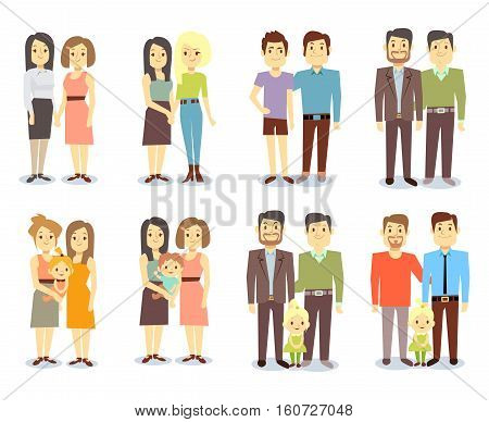 Set of vector gay LGBT happy families. Collection nontraditional families illustration