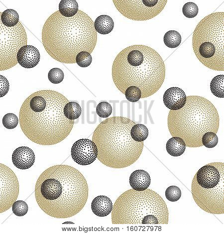 Vector seamless pattern with gold and black bubbles on white. Abstract background.