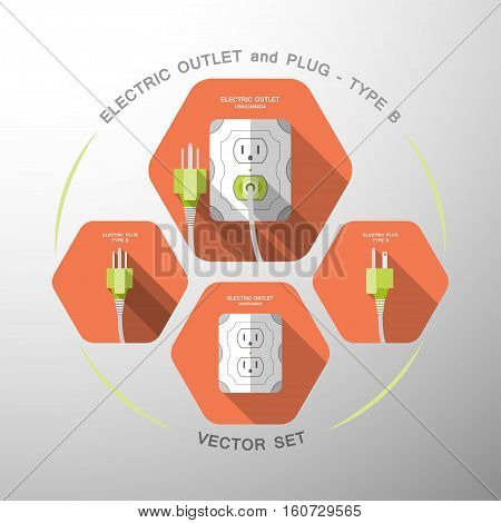 Vector set of electric outlet and plug type B isolated icons with the inserted green plug on the red hexagon background with shadow.