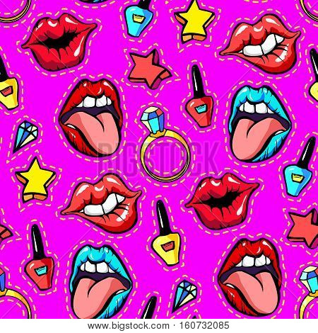 Seamless pattern with decorative fashion patch badges set with colorful girls elements. Girl patches in comic cartoon 80-90 style. Vector illustration stock vector.