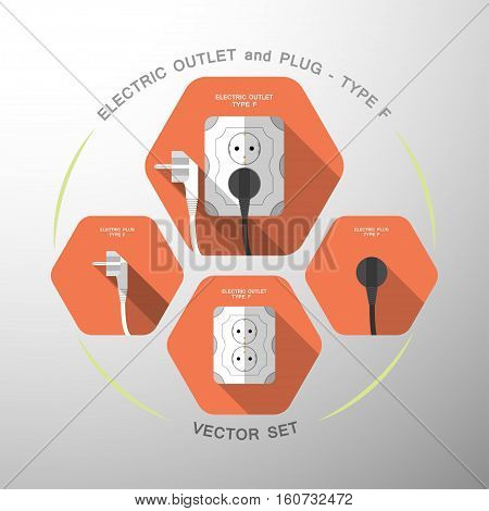 Vector set of electric outlet and plug type F isolated icons with the inserted black plug on the red hexagon background with shadow.