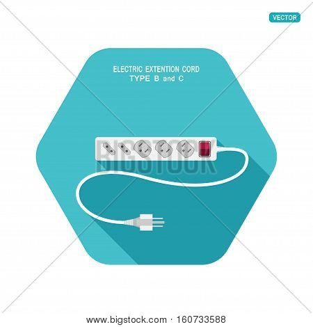 Vector icon of electric extension cord with different outlets by type B and C on the turquoise hexagon background with shadow.