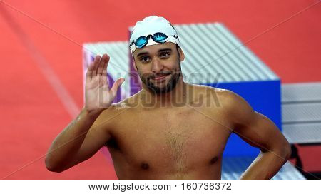 Hong Kong China - Oct 29 2016. Olympic and world champion swimmer LE CLOS Chad (RSA) after the Men's Butterfly 50m Final. FINA Swimming World Cup Victoria Park Swimming Pool.