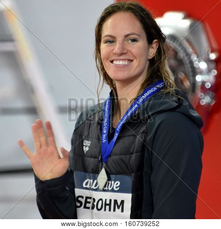 Hong Kong China - Oct 29 2016. Competitive swimmer SEEBOHM Emily (AUS) at the Victory Ceremony of the Women's Backstroke 200m. FINA Swimming World Cup Victoria Park Swimming Pool.