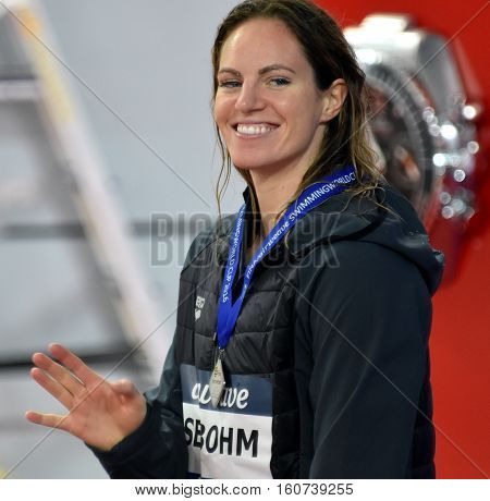 Hong Kong China - Oct 29 2016. Competitive swimmer SEEBOHM Emily (AUS) at the Victory Ceremony of the Women's Backstroke 200m. FINA Swimming World Cup Victoria Park Swimming Pool.