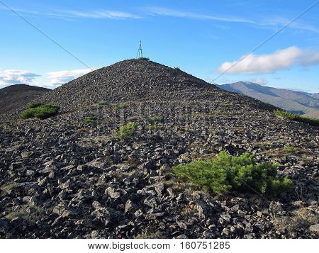 This is a typical landscape for the mountains of north-eastern Siberia in Russia. The altitude is about 1000 meters above the sea level. The plants on the picture are Siberian dwarf pines (Pinus pumila).