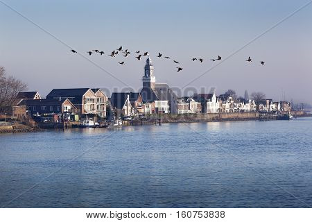 Village Lekkerkerk near the river Lek in the Netherlands. Some geese are flying over.