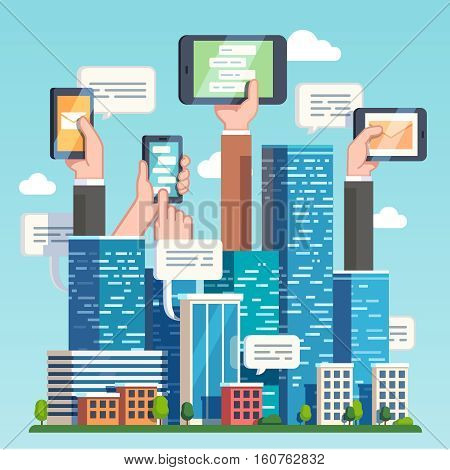 City downtown communications. Urban area social networking via modern smart devices, phones and tablets. Skyscrapers and hands holding technology. Flat style vector illustration.