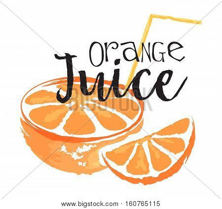 Orange fruit label and sticker. Vector illustration in watercolor style for graphic and web design