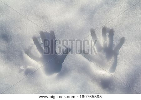 The imprint of the two hands on the fresh snow