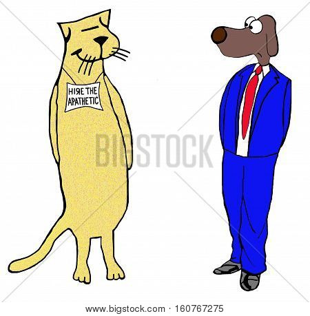 Color business illustration of a job candidate encouraging hiring of the apathetic.