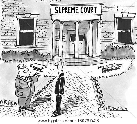 Black and white illustration of two men standing in front of the Supreme Court building.