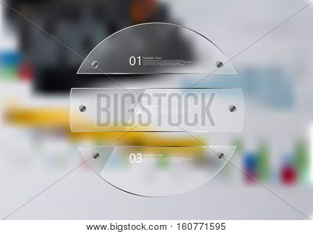 Illustration infographic template with motif of glass circle horizontally divided to three sections. Blurred photo with financial motif is used as background with charts pen and calculator.