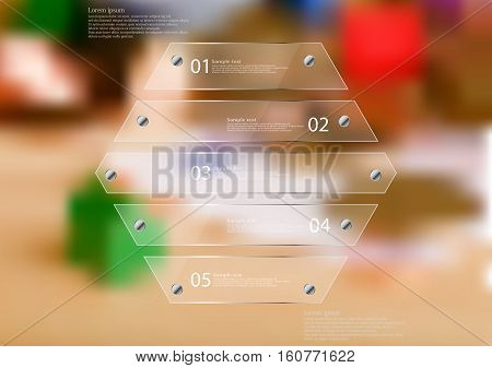 Illustration infographic template with motif of glass hexagon horizontally divided to five sections. Blurred photo with financial motif is used as background with coins money or green house.