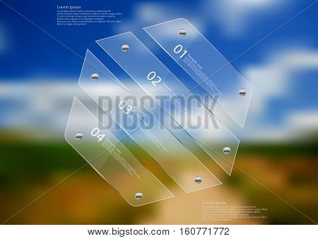 Illustration infographic template with motif of glass hexagon askew divided to four sections. Blurred photo with natural motif is used as background with blue cloudy sky over the path.