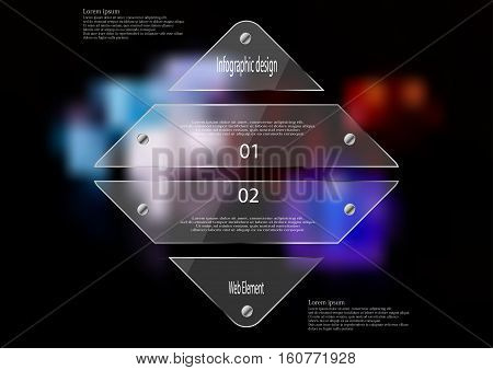 Illustration infographic template with motif of glass rhombus horizontally divided to four sections. Blurred photo with color motif is used as background several game dices on black board.