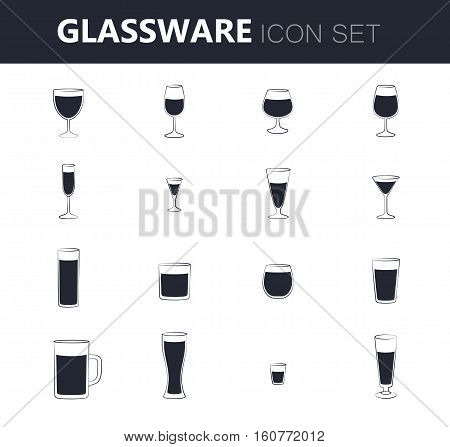 Stemware and glasses for cocktails. Icon vector set. Black icons on white background