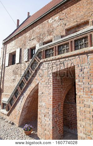The part of the House of Perkunas (thunder) that was built in 15th century and is the oldest house in Kaunas city (Lithuania).