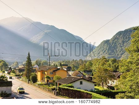 Driveway in Aurigeno of Ticino Switzerland in summer.