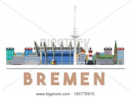 Colorful and detailed skyline of Bremen with various landmarks of Bremen, Germany isolated