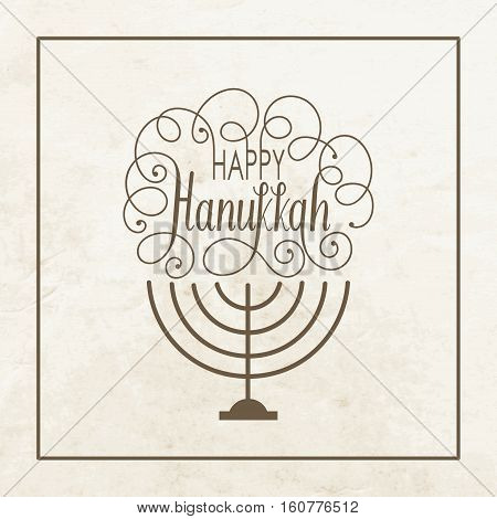 Happy Hanukkah card with a menorah and letterning on old paper background. Vector illustration.