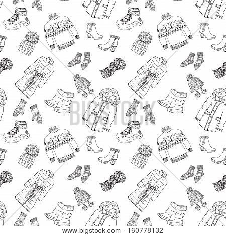 Winter season doodle clothes seamless pattern. Hand drawn sketch elements warm raindeer sweater coat boots socks gloves and hats. vector background illustration