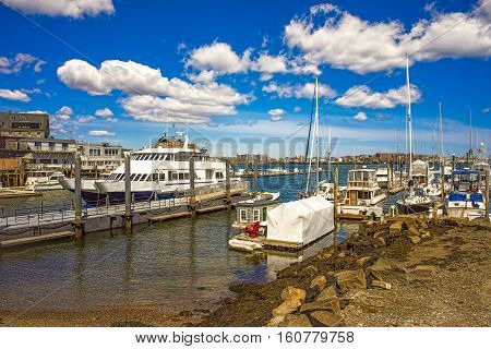 Long Wharf With Customhouse Block And Yacht In Charles River