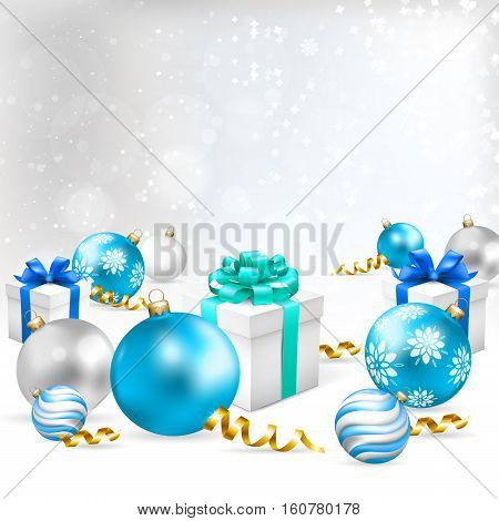 erry Christmas greeting illustration with balls gift boxes and snow. Vector illustration.