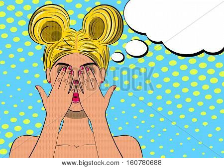 Pop art scared blond woman face. Comic wooman with speech bubble. Vector illustration.