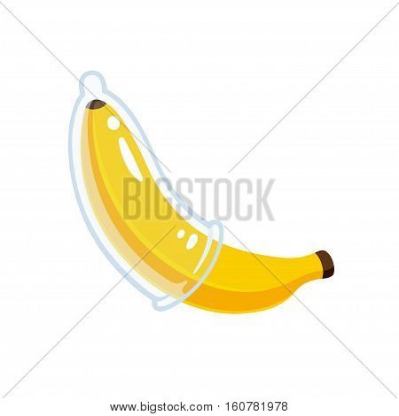 Cartoon banana with condom illustration. Safe sex STD prevention and AIDS awareness concept.