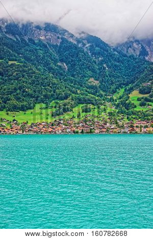 Chalets In Lake Brienz And Brienzer Rothorn Mountain Bern Switzerland