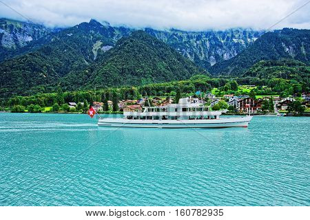 Ferry On Lake Brienz And Brienzer Rothorn Mountain Bern Switzerland