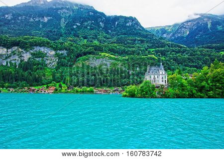 Mansion At Lake Brienz And Brienzer Rothorn Mountain Bern Switzerland