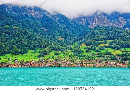 Panorama With Brienz Lake And Brienzer Rothorn Mountain Bern Switzerland