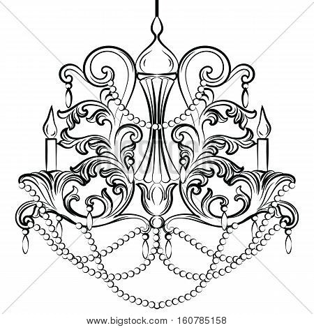 Exquisite Rich Baroque Classic chandelier. Luxury decor accessory design. Vector illustration sketch