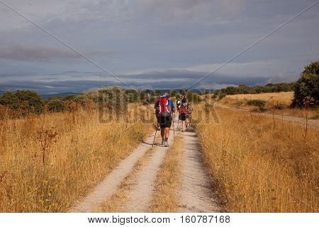 ASTORGA COUNTRYSIDE SPAIN - AUGUST 04: Pilgrimns along the way of St. James on August 03 2016