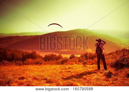 summertime sunset and paraglider flying at Zar Mountain Bielsko