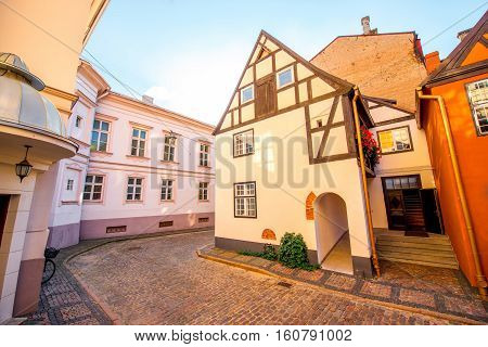 Ancient half-timbered residential houses in the old town of Riga, Latvia