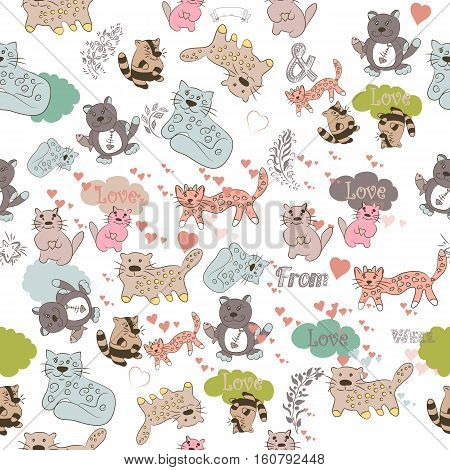 Funny vector pattern with cute colorful cats in pastel tones. Ideal for fabric design and textile