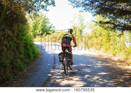 GALICIA SPAIN - AUGUST 10: Pilgrimn bike along the way of St. James on 10 2016