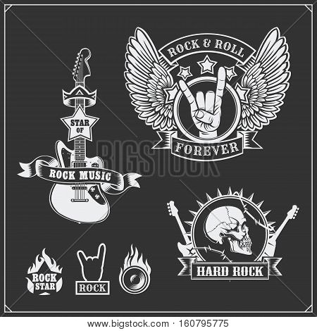 Rock'n'Roll music symbols, labels, emblems and design elements.
