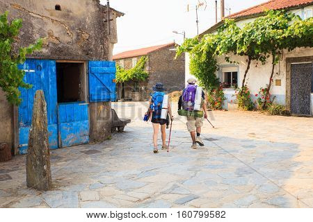BOENTE SPAIN - AUGUST 14: Pilgrims along the way of St. James on August 14 2016