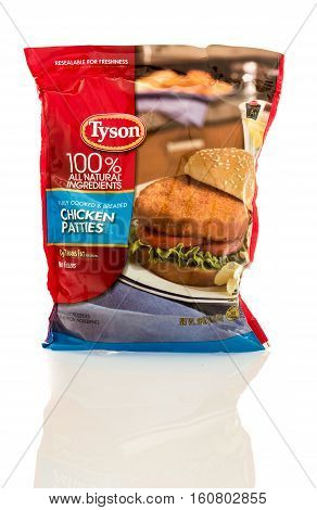 Winneconne WI - 7 December 2016: Bag Tyson 100% all natural ingredients chicken patties on an isolated background.