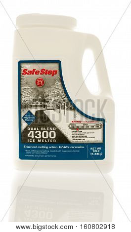 Winneconne WI - 7 December 2016: Container of Safe Step ice melt salt on an isolated background.
